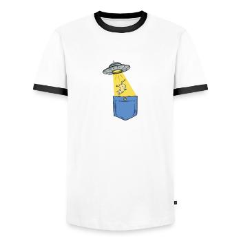 Alien - spaceship - cat - bag - breast pocket - Men's Ringer Shirt - white/black - Front - AI Model Female 172 light (172cm) & AI Model Male 178 dark (178cm)