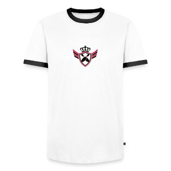 Bowling Pins Blazon Logo Design - Men's Ringer Shirt - white/black - Front - AI Model Female 172 light (172cm) & AI Model Male 178 dark (178cm)