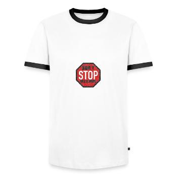DONT STOP BELIEVING BLACK GRUNGE - Männer Kontrast-T-Shirt - Weiß/Schwarz - Vorne - AI Model Female 172 light (172cm) & AI Model Male 178 dark (178cm)