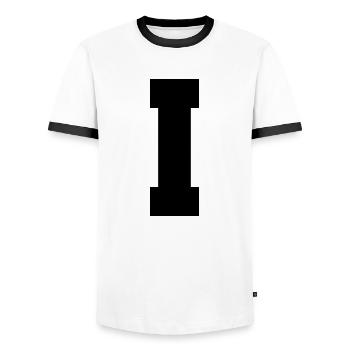 I - capital letter single, bold and serif - Men's Ringer Shirt - white/black - Front - AI Model Female 172 light (172cm) & AI Model Male 178 dark (178cm)