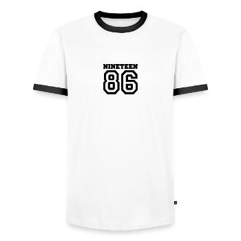 1986 - T-shirt contrasté Homme - blanc/noir - Devant - AI Model Female 172 light (172cm) & AI Model Male 178 dark (178cm)