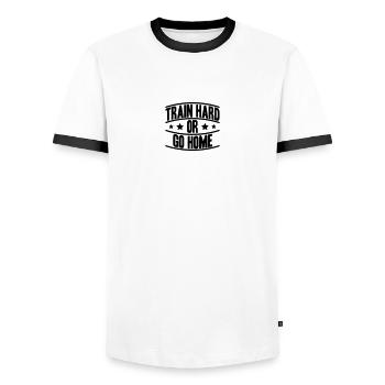 Train Hard Or Go Home Logo - Men's Ringer Shirt - white/black - Front - AI Model Female 172 light (172cm) & AI Model Male 178 dark (178cm)