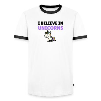 I believe in unicorns - Men's Ringer Shirt - white/black - Front - AI Model Female 172 light (172cm) & AI Model Male 178 dark (178cm)