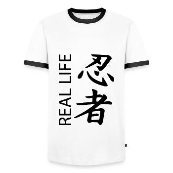 Real Life Ninja Shirt Ninja Warrior - Men's Ringer Shirt - white/black - Front - AI Model Female 172 light (172cm) & AI Model Male 178 dark (178cm)