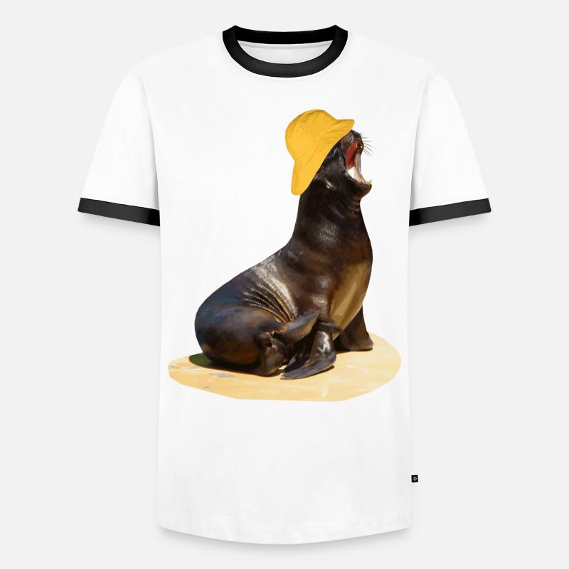Seelöwe mit Südwester Kopfbedeckung - Männer Kontrast-T-Shirt - Weiß/Schwarz