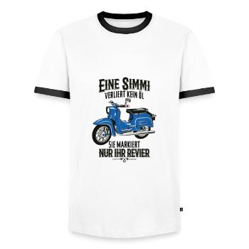 Simson Schwalbe KR51, Eine Simmi verliert kein Öl - Männer Kontrast-T-Shirt - Weiß/Schwarz - Vorne - AI Model Female 172 light (172cm) & AI Model Male 178 dark (178cm)