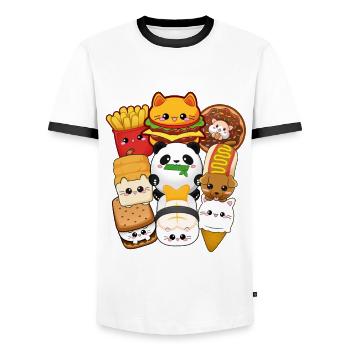 moodrush Design Kawaii Cat Fast Food Print - T-shirt contrasté Homme - blanc/noir - Devant - AI Model Female 172 light (172cm) & AI Model Male 178 dark (178cm)