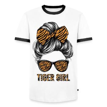 Tiger Woman Sunglasses Glasses Hair Bow - Men's Ringer Shirt - white/black - Front - AI Model Female 172 light (172cm) & AI Model Male 178 dark (178cm)