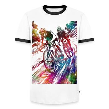 Cycling #cycling #sport #bike - Men's Ringer Shirt - white/black - Front - AI Model Female 172 light (172cm) & AI Model Male 178 dark (178cm)