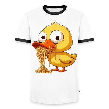 Cute Duck Clumsy Spaghetti Lover - Men's Ringer Shirt - white/black - Front - AI Model Female 172 light (172cm) & AI Model Male 178 dark (178cm)