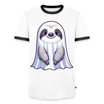 Cute Halloween Sloth Ghost Ghosts Cartoon Spu - Men's Ringer Shirt - white/black - Front - AI Model Female 172 light (172cm) & AI Model Male 178 dark (178cm)