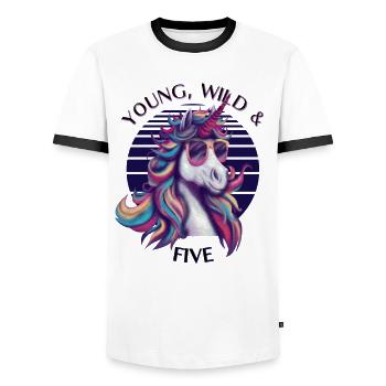 Young, Wild & Five – Einhorn Geburtstag Shirt - Männer Kontrast-T-Shirt - Weiß/Schwarz - Vorne - AI Model Female 172 light (172cm) & AI Model Male 178 dark (178cm)