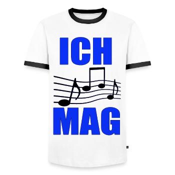 J’aime la musique : disposition des notes bleues - T-shirt contrasté Homme - blanc/noir - Devant - AI Model Female 172 light (172cm) & AI Model Male 178 dark (178cm)