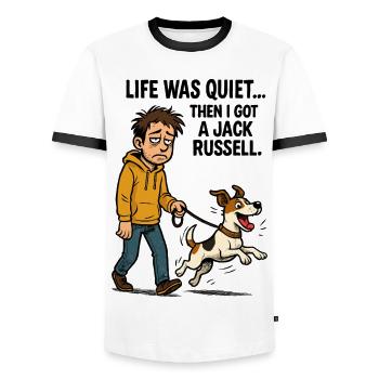 Life Was Quiet - Funny Jack Russell Comic - Men's Ringer Shirt - white/black - Front - AI Model Female 172 light (172cm) & AI Model Male 178 dark (178cm)