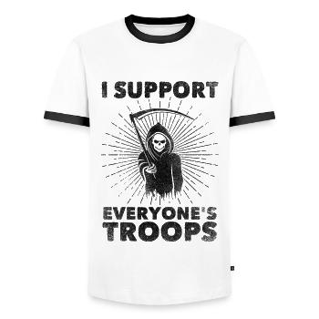I Support Everyone's Troops (Political /Statement) - Men's Ringer Shirt - white/black - Front - AI Model Female 172 light (172cm) & AI Model Male 178 dark (178cm)