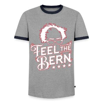 Bernie Sanders 2020, Feel the Bern print - Men's Ringer Shirt - grey/navy  - Front - AI Model Female 172 light (172cm) & AI Model Male 178 light (178cm)