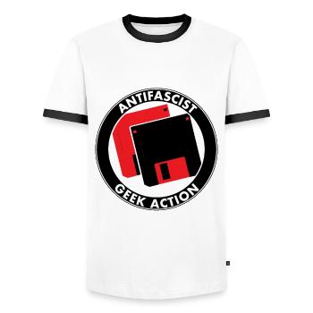 ANTIFASCIST GEEK ACTION - Men's Ringer Shirt - white/black - Front - AI Model Female 172 light (172cm) & AI Model Male 178 dark (178cm)