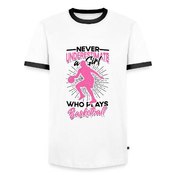 Ne sous-estimez jamais une fille qui joue au basket-ball - T-shirt contrasté Homme - blanc/noir - Devant - AI Model Female 172 light (172cm) & AI Model Male 178 dark (178cm)
