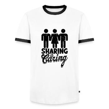 Adult Humor Sharing is Caring Swinger - Funny - Men's Ringer Shirt - white/black - Front - AI Model Female 172 light (172cm) & AI Model Male 178 dark (178cm)