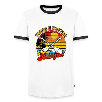 Paddle faster I hear banjos - River Camping - Men's Ringer Shirt - white/black - Front - AI Model Female 172 light (172cm) & AI Model Male 178 dark (178cm)