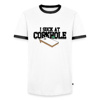 Drôle je suce à Cornhole Bean Bag Toss Game - - T-shirt contrasté Homme - blanc/noir - Devant - AI Model Female 172 light (172cm) & AI Model Male 178 dark (178cm)