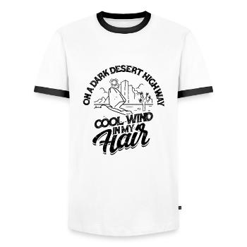 On A Dark Desert Highway Cool wind in my Hair - - Men's Ringer Shirt - white/black - Front - AI Model Female 172 light (172cm) & AI Model Male 178 dark (178cm)
