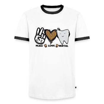 Peace Love Dental Leopard Heart Teeth - Tooth - Men's Ringer Shirt - white/black - Front - AI Model Female 172 light (172cm) & AI Model Male 178 dark (178cm)