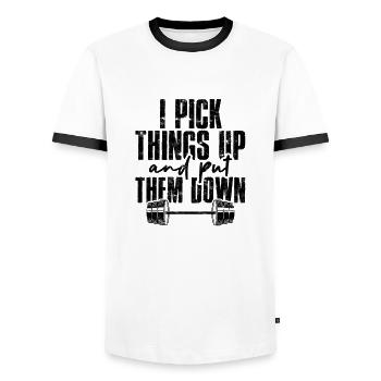 Ich hebe Dinge auf und lege sie ab Lustiges Training - - Männer Kontrast-T-Shirt - Weiß/Schwarz - Vorne - AI Model Female 172 light (172cm) & AI Model Male 178 dark (178cm)