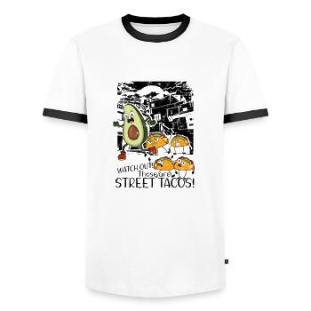 Watch Out Those Are StreetTacos - mexican cuisine - Men's Ringer Shirt - white/black - Front - AI Model Female 172 light (172cm) & AI Model Male 178 dark (178cm)