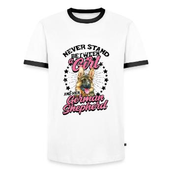 Ne vous tenez jamais entre une fille et son allemand - T-shirt contrasté Homme - blanc/noir - Devant - AI Model Female 172 light (172cm) & AI Model Male 178 dark (178cm)