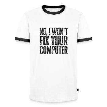 Nein, ich werde Ihren Computer nicht reparieren - tech - Männer Kontrast-T-Shirt - Weiß/Schwarz - Vorne - AI Model Female 172 light (172cm) & AI Model Male 178 dark (178cm)