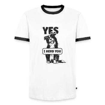 Oui, je vous rassemble - élevage - T-shirt contrasté Homme - blanc/noir - Devant - AI Model Female 172 light (172cm) & AI Model Male 178 dark (178cm)