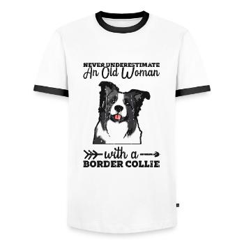 Unterschätze niemals eine alte Frau mit einer Grenze - Männer Kontrast-T-Shirt - Weiß/Schwarz - Vorne - AI Model Female 172 light (172cm) & AI Model Male 178 dark (178cm)