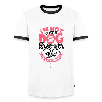 Je ne suis pas seulement un toiletteur pour chiens, je suis un furologue - - T-shirt contrasté Homme - blanc/noir - Devant - AI Model Female 172 light (172cm) & AI Model Male 178 dark (178cm)