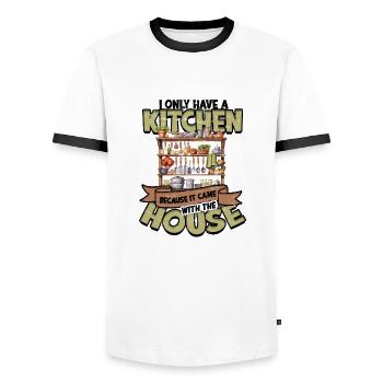 Ich habe eine Küche, weil sie mit dem Haus kam - - Männer Kontrast-T-Shirt - Weiß/Schwarz - Vorne - AI Model Female 172 light (172cm) & AI Model Male 178 dark (178cm)