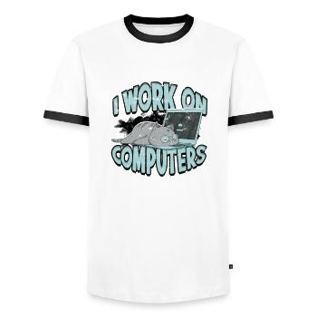 ICH ARBEITE AN COMPUTERN - Cat und Computer - Technik - Männer Kontrast-T-Shirt - Weiß/Schwarz - Vorne - AI Model Female 172 light (172cm) & AI Model Male 178 dark (178cm)