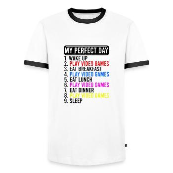 MY PERFECDT DAY 1. WAKE UP 2. PLAY VIDEO GAMES - Men's Ringer Shirt - white/black - Front - AI Model Female 172 light (172cm) & AI Model Male 178 dark (178cm)