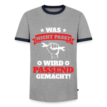 Was nicht passt wird Passend gemacht - Männer Kontrast-T-Shirt - Grau/Navy  - Vorne - AI Model Female 172 light (172cm) & AI Model Male 178 light (178cm)