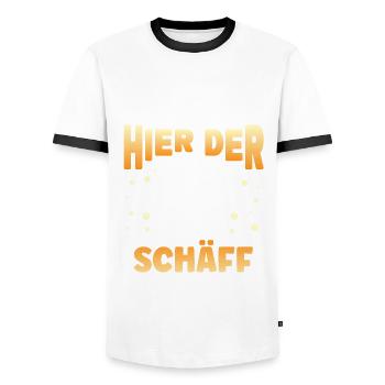 Ich bin hier der Schäff - Männer Kontrast-T-Shirt - Weiß/Schwarz - Vorne - AI Model Female 172 light (172cm) & AI Model Male 178 dark (178cm)