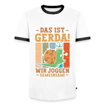 Das ist Gerda! wir joggen gemeinsam! - Männer Kontrast-T-Shirt - Weiß/Schwarz - Vorne - AI Model Female 172 light (172cm) & AI Model Male 178 dark (178cm)