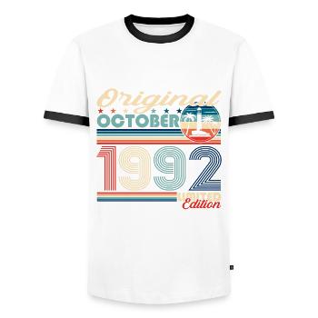 October Born 1992 30th Birthday Gift - Men's Ringer Shirt - white/black - Front - AI Model Female 172 light (172cm) & AI Model Male 178 dark (178cm)