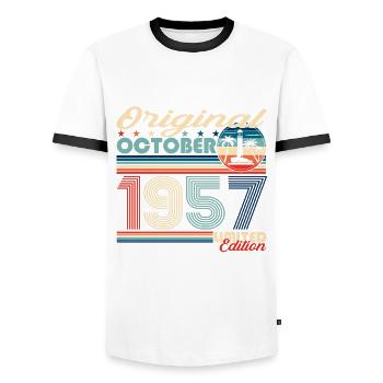 October Born 1957 65th Birthday Gift - Men's Ringer Shirt - white/black - Front - AI Model Female 172 light (172cm) & AI Model Male 178 dark (178cm)