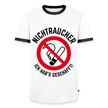 Nichtraucher – Ich Hab’s Geschafft! (3C / B) - Männer Kontrast-T-Shirt - Weiß/Schwarz - Vorne - AI Model Female 172 light (172cm) & AI Model Male 178 dark (178cm)