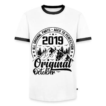 2019 October Original: 5 Year Anniversary Gift - Men's Ringer Shirt - white/black - Front - AI Model Female 172 light (172cm) & AI Model Male 178 dark (178cm)