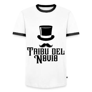 Tribu del Novio Groom's Tribe Wedding Groomsmen - Men's Ringer Shirt - white/black - Front - AI Model Female 172 light (172cm) & AI Model Male 178 dark (178cm)