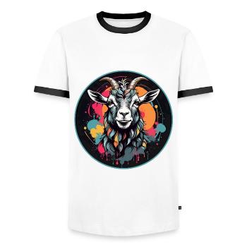 Colorful goat portrait billy goat - Men's Ringer Shirt - white/black - Front - AI Model Female 172 light (172cm) & AI Model Male 178 dark (178cm)