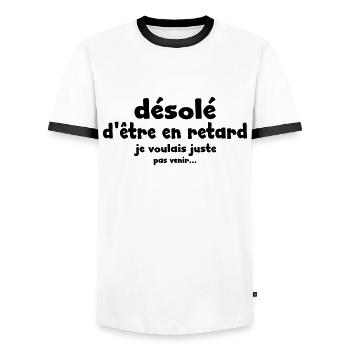 désolé d'être en retard - T-shirt contrasté Homme - blanc/noir - Devant - AI Model Female 172 light (172cm) & AI Model Male 178 dark (178cm)
