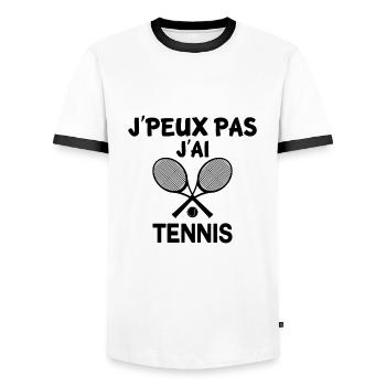 T-Shirt Ich kann nicht Tennis - Männer Kontrast-T-Shirt - Weiß/Schwarz - Vorne - AI Model Female 172 light (172cm) & AI Model Male 178 dark (178cm)