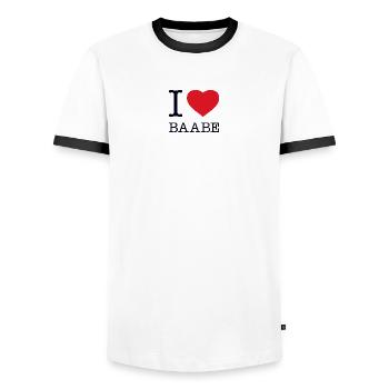 I LOVE BAABE - Men's Ringer Shirt - white/black - Front - AI Model Female 172 light (172cm) & AI Model Male 178 dark (178cm)