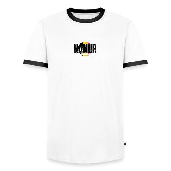 M Emblem in warmer kreisförmiger Geometrie - Männer Kontrast-T-Shirt - Weiß/Schwarz - Vorne - AI Model Female 172 light (172cm) & AI Model Male 178 dark (178cm)